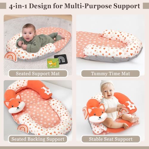 4 in 1 Tummy Time Mat with Educational Cards, Play Mat & Sitting Support for Newborn 0-12 Months, Infant Baby Sit Me Up Floor Seat, Sensory Skills Gifts, Fox - Image 3