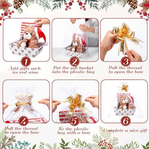 Nuogo 12 Pack Christmas Basket for Gifts Empty 9.8 x 6.5 Inch Bulk Gift Baskets Empty to Fill Cardboard Trays with Basket Bags, Pull Bows for Christmas Holiday Birthday Party Gifts(Berry Style) - Image 3