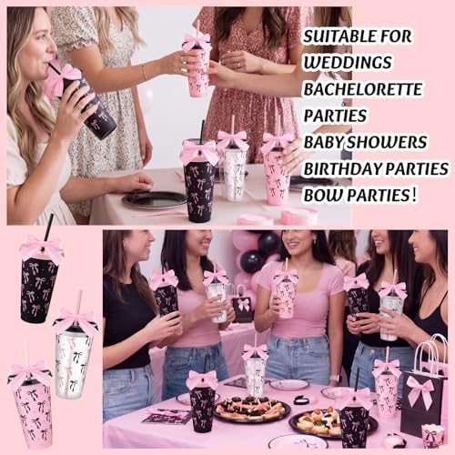 Skylety 24 Pcs Black and Pink Bow Plastic Cups with Lid Straw and Ribbon - Image 7