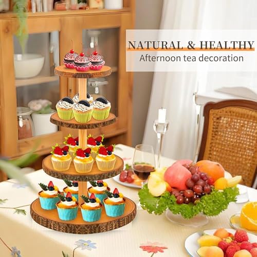 Cupcake Stand Wood Dessert Stands 4 Tier Wooden Cupcake Stand - Large Capacity, Bark-Covered, Varnished, Multi-Functional for Weddings, Baby Showers, and Parties. - Image 4