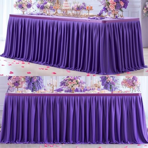 Partisky Purple Polyester Table Skirt for Rectangle Tables 14ft, Wrinkle Resistant Pleated Ruffle Table Cloth for Banquet Wedding Trade Baby Shower Display Gift Dining Table by Partisky