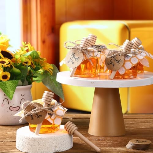 Funnymoom 30 Set 2.5oz Plastic Mini Honey Jars with Wooden Dipper and Muslin Cloth Covers Honey Jars with Gold Lids Hang Tags Decorative Jute Rope for Wedding Birthday Party (Bee) - Image 4