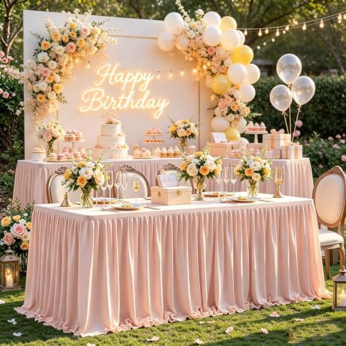 Pale Pink Tablecloth Rectangle Tables 4FT, Polyester Wrinkle Free Stretch Table Cloth 6ft Fitted Table Cover with Pleated Ruffle Skirt for Weddings Birthday Banquet Baby Shower - Image 3