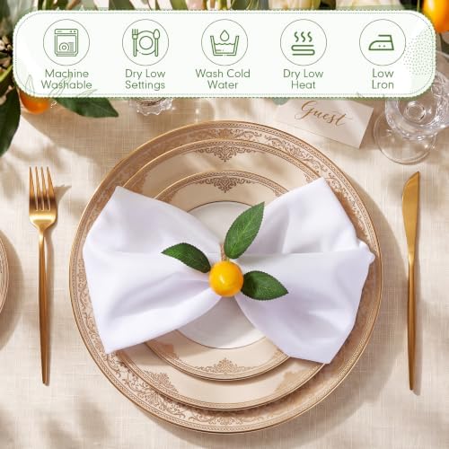 Preboun 24 Pcs White Cloth Napkins 19"x19" with Lemon Napkin Rings - Image 4