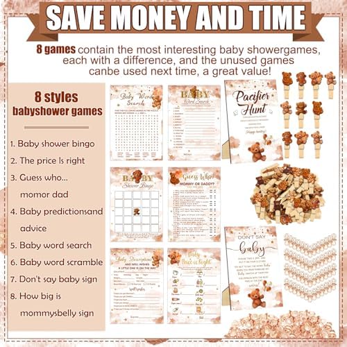 Sherr 424 Pcs Brown Bear Baby Shower Games Decorations, 8 Set, 50 Pacifiers - Image 4