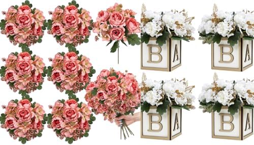 6 Bundles Peonies Artificial Flowers & Pack of 4 Baby Shower Centerpieces for Tables by SEKNHOP