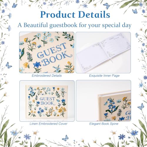 Wedding Guest Book Blue Flowers Embroidered Linen Photo Guestbook - Image 4