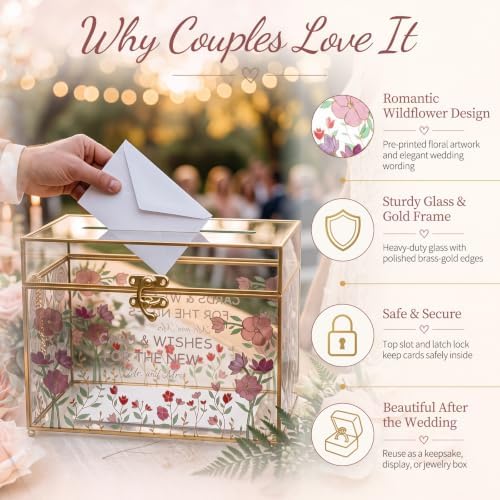 Leinuosen Glass Wedding Card Box with Slot and Lock, Gold Rim - Image 3