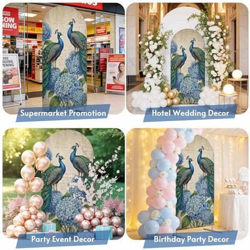 Retro Peacock Arch Backdrop Cover 7.2 FT, Blue Hydrangea Watercolor Vintage Wedding Arch Cover Stretchy Backdrop Stands Covers for Birthday Party Ceremony Banquet Decor - Image 6