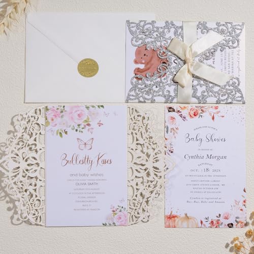 50Pcs Glitter Laser Cut Wedding Invitation Cards with Envelope Silvery - Image 7