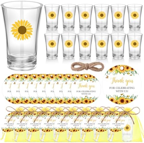 Funnymoom 50 Sets Sunflower Birthday Party Favors for Guests Souvenir Yellow Sunflower Acrylic Clear Shot Glasses Thank You Tags with Organza Bridal Shower Baby Shower Party Supplies by Funnymoom