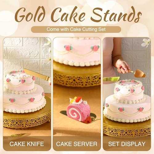 Wenqik 14 Inch Gold Cake Stand Metal Round with Cutter Spatula, Classic - Image 4