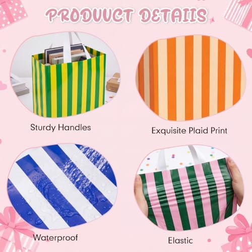 Crtiin 100 Pcs Plastic Striped Gift Bags with Handles, Light color - Image 5