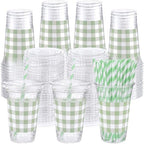 Funnymoom 50 Sets 20 oz Sage Green Gingham Plastic Cups with Lids & Straws by Funnymoom