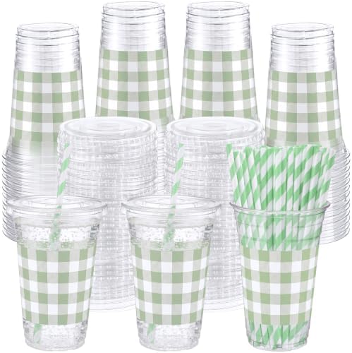Funnymoom 50 Sets 20 oz Sage Green Gingham Plastic Cups with Lids & Straws by Funnymoom