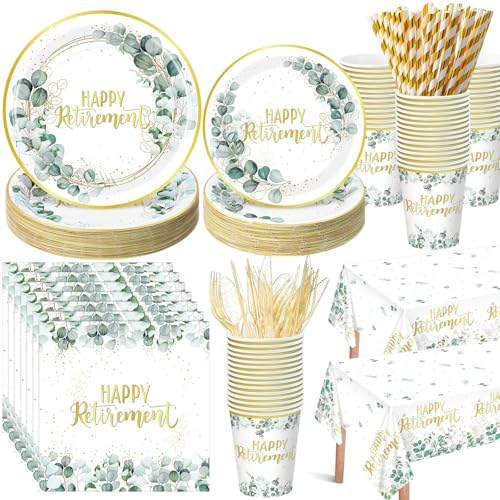 Potchen 452 Pcs Retirement Plates Napkins Party Supply, Green Gold by Potchen