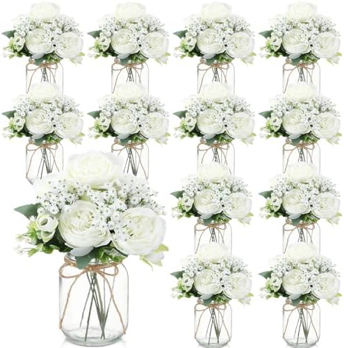 Zeyune 12 Sets Mason Jar Flowers Centerpiece Table Decorations,White by Zeyune