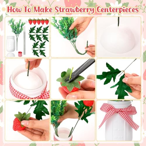 Mimorou 5 Set Strawberry Mason Jar Table Centerpiece DIY Artificial Strawberry Daisy Plants with Faux Leaves Home Centerpieces for Baby Shower Decor Home Summer Farmhouse Wedding Kitchen - Image 4