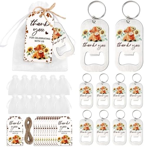 24 Sets Highland Cow Bottle Openers Baby Shower Favors, Boho Floral Highland Cattle Bottle Openers Keychains Thank You Tags Organza Bags for Holy Cow Farm Animals Party Decor Guest Gifts by CORNERLACE