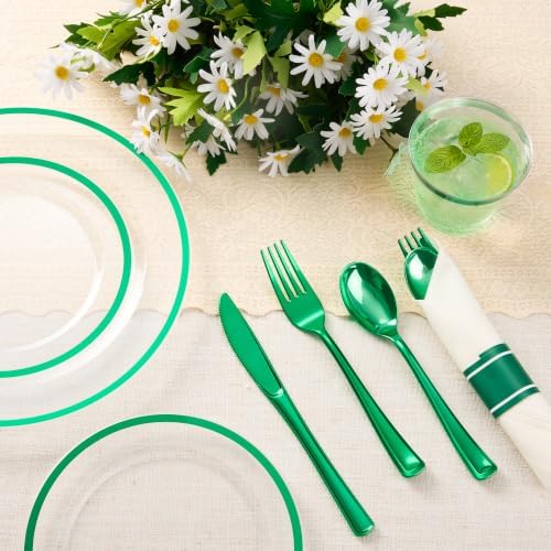 BESTSTAR 350 PCS Clear Green Plastic Dinnerware Set for Party for 50 Guests - Image 4