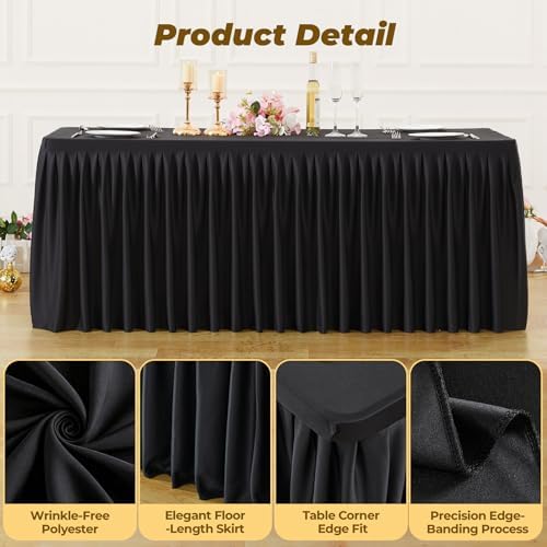 Black Polyester Table Cloths for Rectangle 8 Foot Tables, 6 Pack Wrinkle Free Tablecloths Stretchy Banquet Ruffle Fitted Table Cover Desk Skirt for Parties Wedding Birthday Baby Shower - Image 4