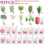 WARMALL Artificial Flowers with Vases, 16 Pcs Pink Bud Vases, & 81 Pcs Artificial Plants DIY Set Suitable for Centerpieces Table Weddings Party Office and Indoor Decor Mini Small Glass Clear - Image 2