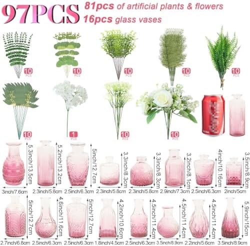 WARMALL Artificial Flowers with Vases, 16 Pcs Pink Bud Vases, & 81 Pcs Artificial Plants DIY Set Suitable for Centerpieces Table Weddings Party Office and Indoor Decor Mini Small Glass Clear - Image 2