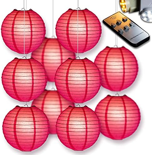 PaperLanternStore.com 12" Hot Pink Paper Lantern Party Pack with Remote Controlled LED Lights (10-Pack Combo Kit) by Fantado+Party+%26+Event+Lighting