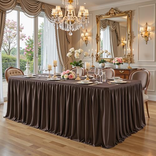 Chocolate Brown Tablecloth Rectangle Tables 8FT, Polyester Wrinkle Free Stretch Table Cloth 6ft Fitted Table Cover with Pleated Ruffle Skirt for Weddings Birthday Banquet Baby Shower - Image 3