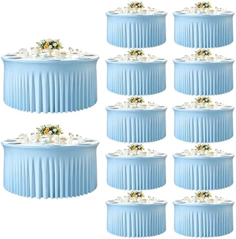 GALLETY 12 Pack Bulk Baby Blue Round Tablecloths for 5ft Tables, 120 inch Fitted Spandex Table Cloth with Skirt, Wrinkle Free Wholesale Table Covers for Large Events, Weddings Reception, Banquets by Creativepartyuniquedecorat