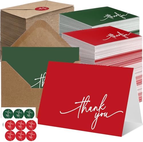 Gueevin 200 Pcs Thank You Cards with Envelopes Stickers, 3.5x5", Red, Green by Gueevin