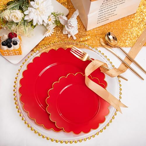LIYH 60 Pcs Red Plastic Plates Disposable with Gold Edge Scalloped Red Gold Disposable Plates Includes 30 Dessert & 30 Dinner Plate Dishes Tableware for Party - Image 4