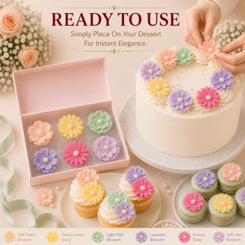 CONFECT Handmade Edible Gum Paste Flower Decorations – Rainbow Blossom – 60 Piece Assorted Sugar Flower Set with Pearl Centers, Hand Cut Cake Flowers for Cakes, Cupcakes, Cookies & Desserts - Image 6