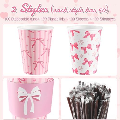 Jingmore 100 Set Pink Bow Coffee Cups with Lids, Straws and Sleeves Pink Bowknot Disposable Drinking Cup for Wedding Coquette Birthday Baby Shower Bachelorette Party Supplies (12 oz) - Image 3
