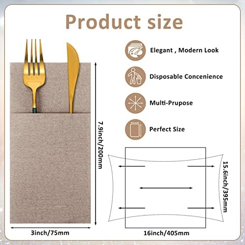 Cindeer 150 Pcs Wood Color Linen Dinner Napkins with Built in Flatware - Image 2