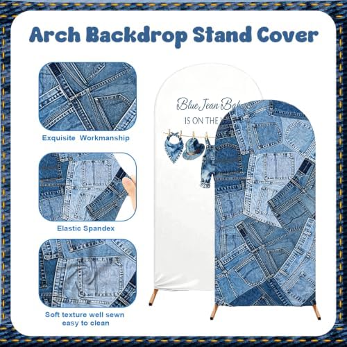 2 Pcs 7.2Ft/ 6 ft Blue Jean Baby Shower Decorations Blue Jean Baby is on The Way Arch Backdrop Cover for Denim Baby Shower Party Gender Reveal Birthday Party Photo - Image 3