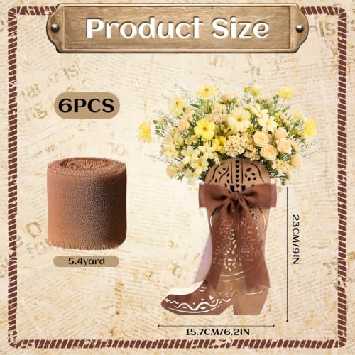 Cinnvoice 6 Pcs Brown Western Cowboy Boot Centerpieces with Riibon - Image 3