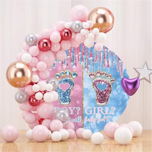 Polyester Diameter 6.5ft Boy Or Girl Gender Reveal Round Backdrop Cover Crystal Little Feet Blue Pink Photography Backdrop What Will Baby Be Mom Pregnancy Surprise Party Decoration Props - Image 3