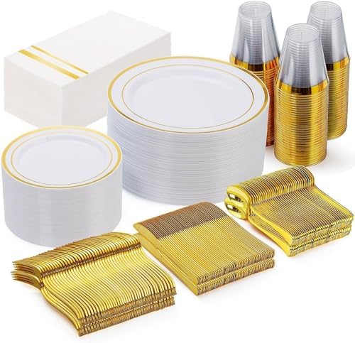 GATHER 350PCS White and Gold Plates Dinnerware Set for Wedding Party by Gather