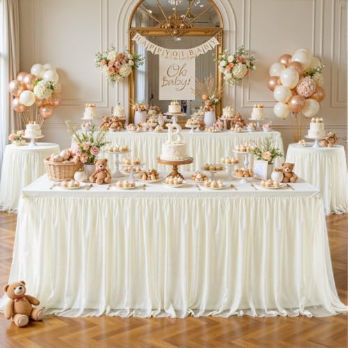 Ivory Tablecloths for 6 Foot Rectangle Tables Ivory Table Cloth Rectangle Tulle Tablecloth 6ft Cream Stretch Spandex Table Cover for Wedding Baby Shower Birthday Party Banquet Desk Table Skirt - Image 3