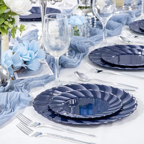 U-QE 60 Pcs Blue Plastic Plates for Party, Scalloped Blue Plates Disposable - Image 2