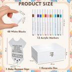 62 Pcs Baby Shower Blocks to Decorate Game Kit, 48 Blank White Wooden Blocks, 12 Markers, 1 Bodysuit-shaped Instruction Sign, 1 Box, Baby Shower Gender Reveal Activities for Guests - Image 2