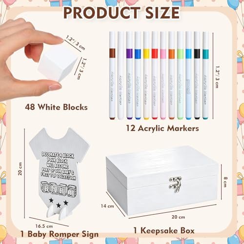 62 Pcs Baby Shower Blocks to Decorate Game Kit, 48 Blank White Wooden Blocks, 12 Markers, 1 Bodysuit-shaped Instruction Sign, 1 Box, Baby Shower Gender Reveal Activities for Guests - Image 2