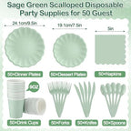 Newtay 350 Pcs Light Green Scalloped Paper Plates Shell Edge Disposable Tableware Cocktail Napkins Cups Plastic Spoons Forks Knives for Wedding Baby Shower Picnic Birthday Party Supply for 50 Guests - Image 2