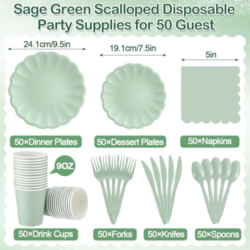 Newtay 350 Pcs Light Green Scalloped Paper Plates Shell Edge Disposable Tableware Cocktail Napkins Cups Plastic Spoons Forks Knives for Wedding Baby Shower Picnic Birthday Party Supply for 50 Guests - Image 2