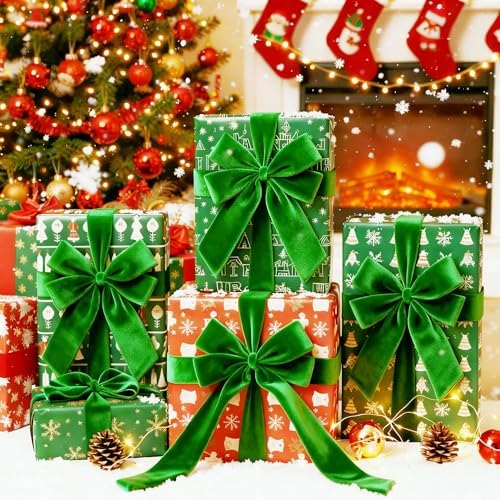 Meseey 4 Inch Wide Green Velvet Wired Ribbon, 10 Yards Velvet Ribbon with Wire Edge for Christmas Tree, Wreaths, Gift Wrapping, Bows, Crafts and Holiday Decorations - Image 6