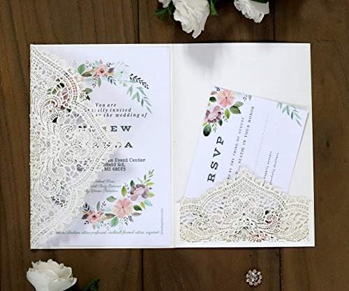 20Pcs Laser Cut Pocket Wedding Invitation Covers, 4.9×7 Inch Trifold Lace Floral Invitation Sleeves with Envelopes personalized wedding invitations (Ivory, 50 Pcs Customized Printed) - Image 3