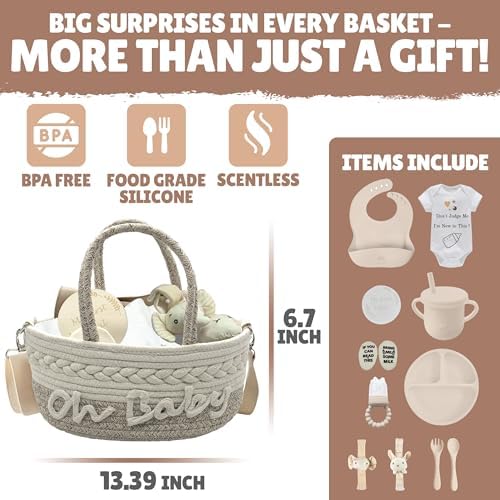 Baby Gift Set | 11 Piece Gender Neutral Newborn Gift Basket for Boys & Girls – Baby Essentials with Plate, Bib, Spoon, Cup, Feeder, Outfit, Rattles & Storage Bag - Image 2