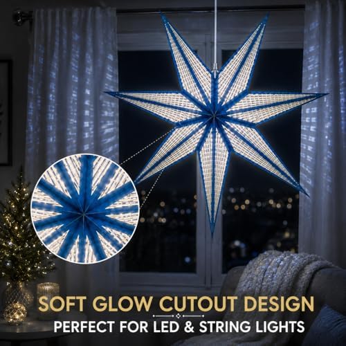 GalaxyArts 7-Point Paper Star Lantern - Striped Cutout Hanging Light Decoration - Foldable Hollow Out Star Lamp Shade for Home, Party, Christmas, Wedding Décor - Indoor/Outdoor Hanging Star(Firoza) - Image 4