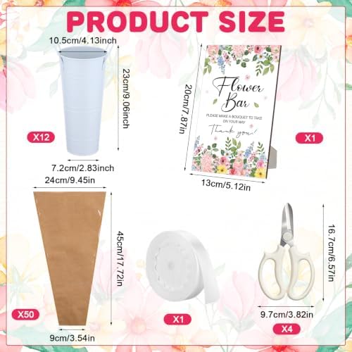 68 Pcs Flower Bar Buckets Kit 12pcs Galvanized Bucket Floral Shears Wood Sign Kraft Paper Flower Gift Bags with Ribbon, Bloom Bar Supplies for Wedding Bridal Baby Shower Birthday Table Centerpieces - Image 2